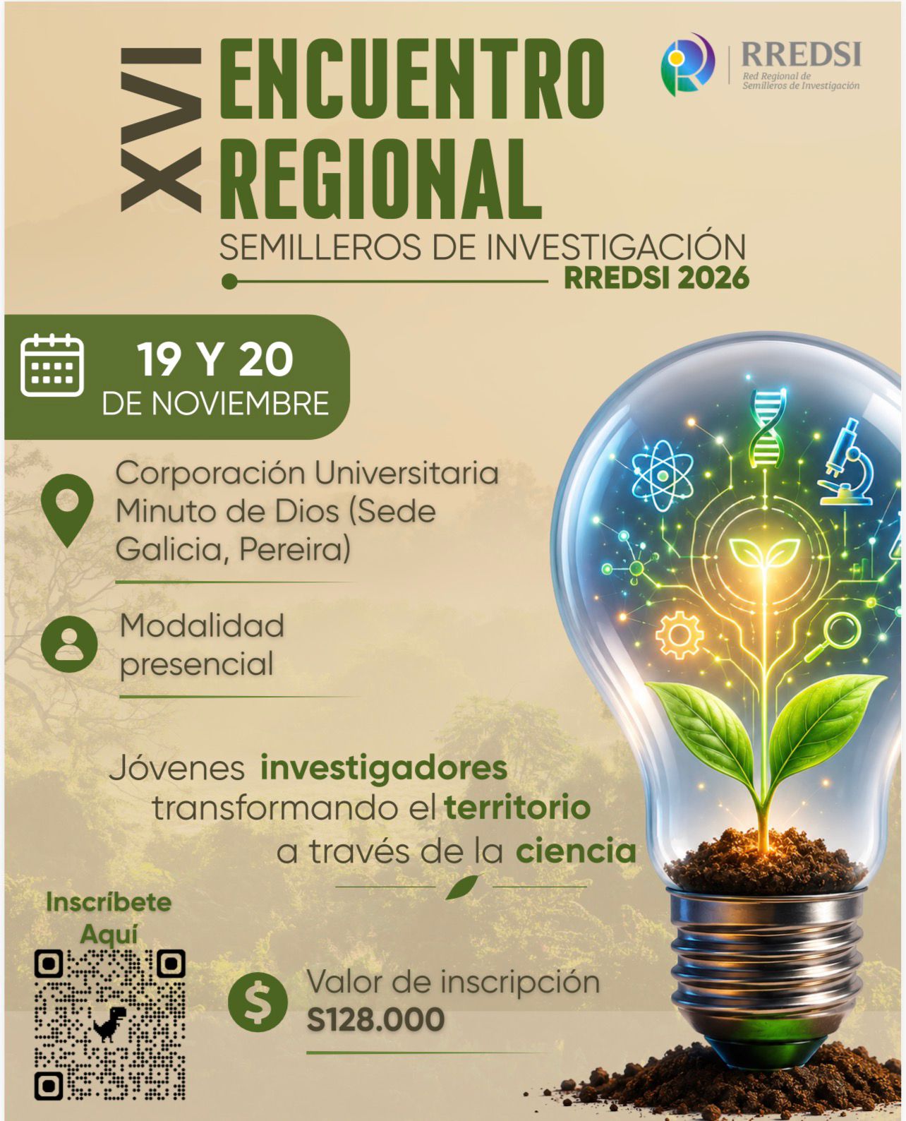 Flyer XVI Encuentro Regional de Semilleros de Investigación · RREDSI 2026 · 19 y 20 de noviembre · UNIMINUTO Sede Galicia, Pereira