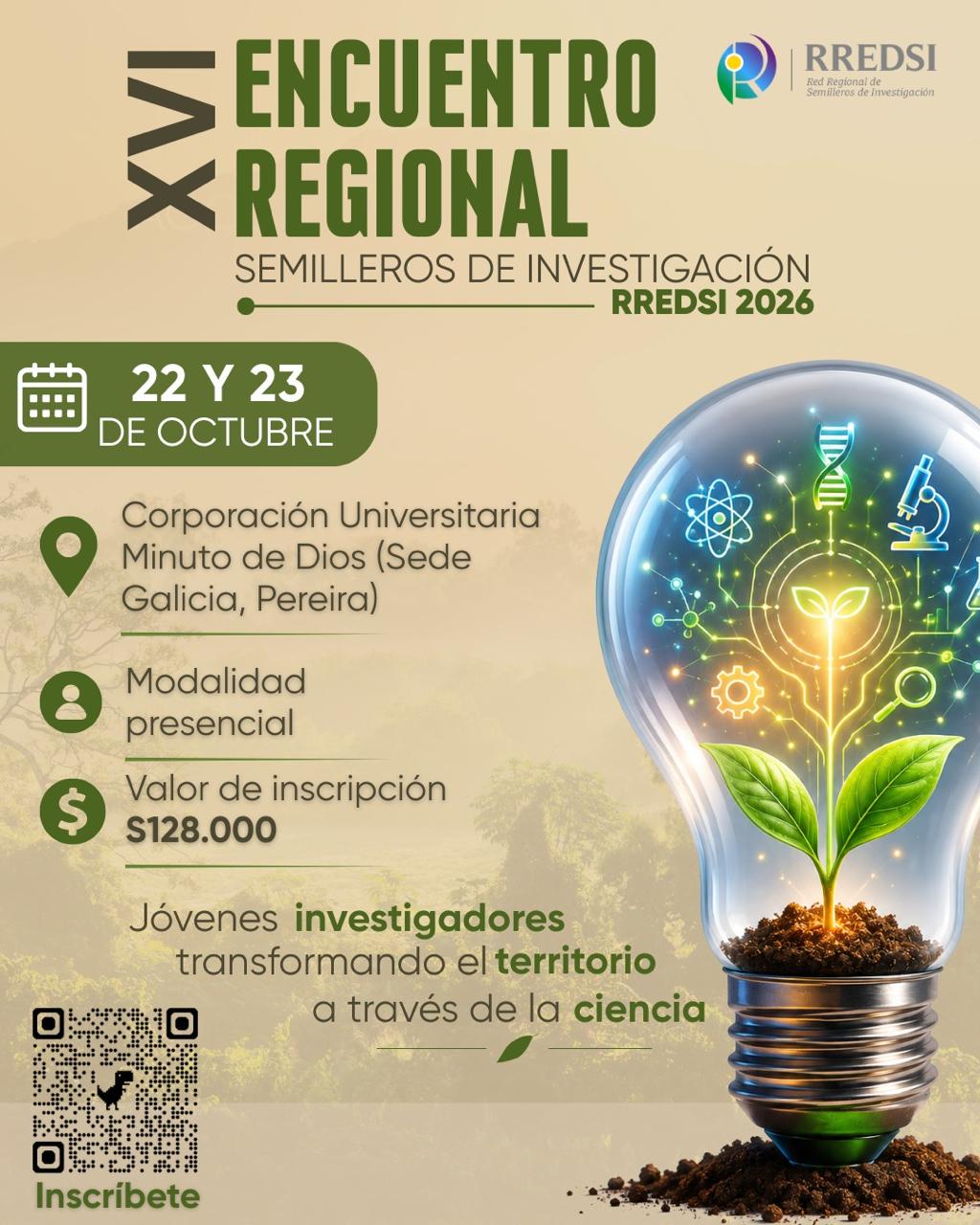 Flyer XVI Encuentro Regional de Semilleros de Investigación · RREDSI 2026 · 22 y 23 de octubre · UNIMINUTO Sede Galicia, Pereira